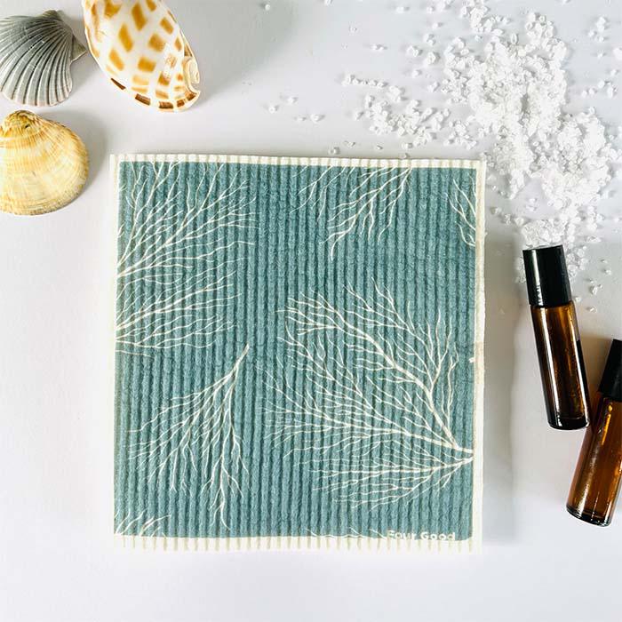 Blue and white eco friendly, compostable sponge cloth with coral design