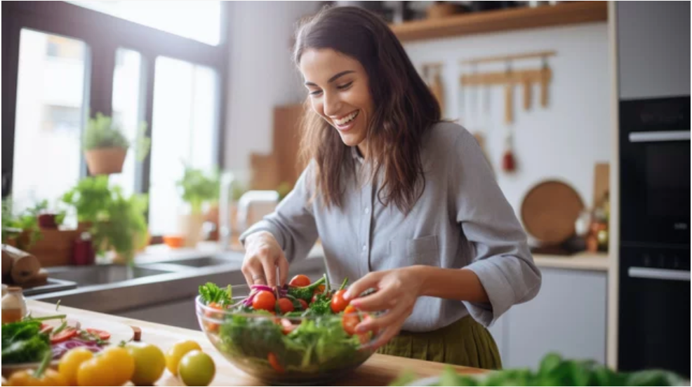 women in kitchen, happy, cooking, fresh salad