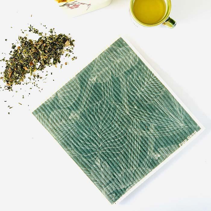 Four Good sponge cloth with green tropical leaves, 100% compostable, eco-friendly