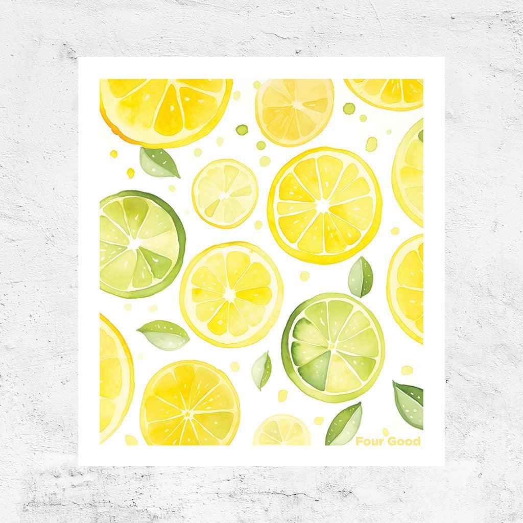 Four Good compostable sponge cloth with lemon-lime design, eco friendly and absorbent